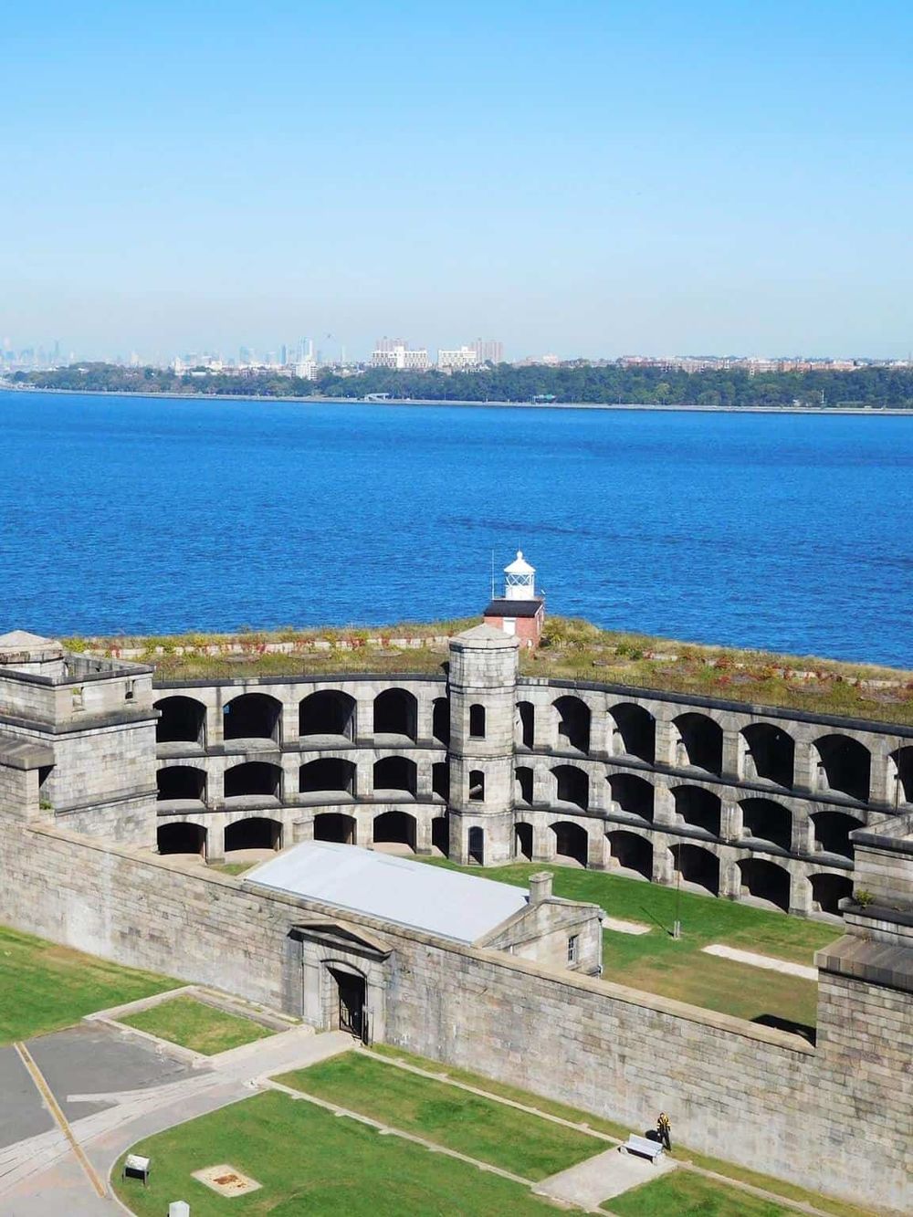Staten Island Ferry Whitehall Terminal with view of New York Harbor and Statue of Liberty.