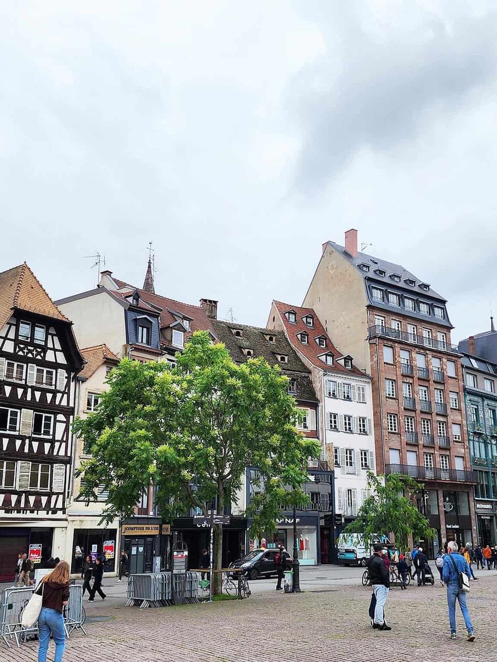 Colorful historic European building facades in Strasbourg city, France, showcasing architecture and urban charm.