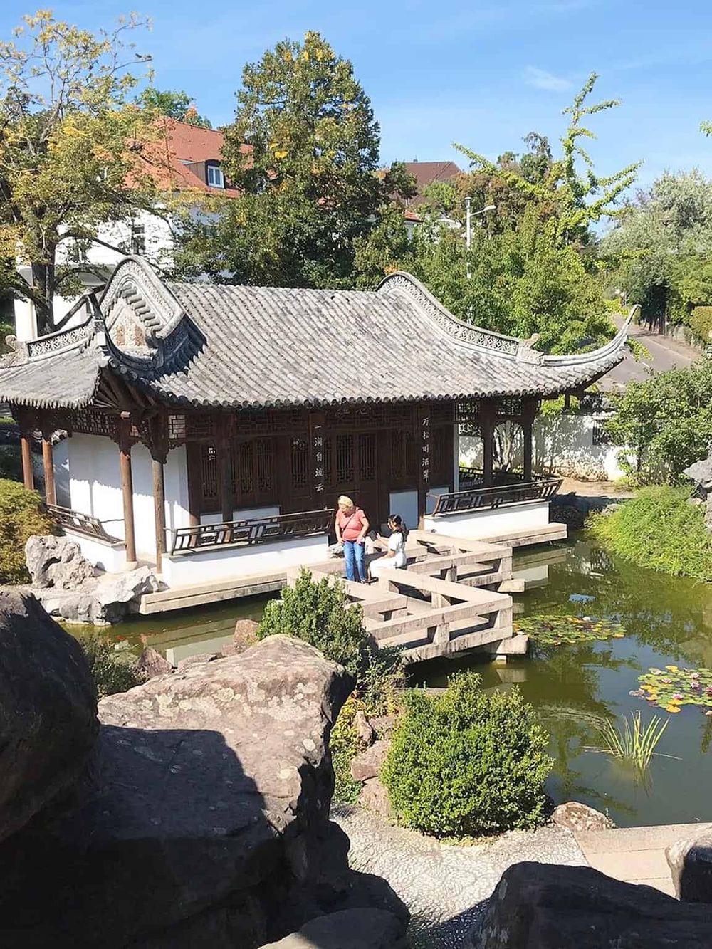 Serene traditional Asian garden with pond, pavilion, and lush greenery, perfect for peaceful exploration.