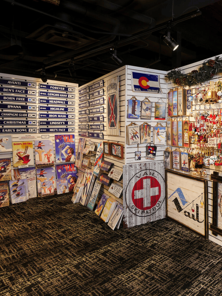 Colorful ski apparel and souvenirs at QuestForDirections ski shop, Colorado ski gear store.