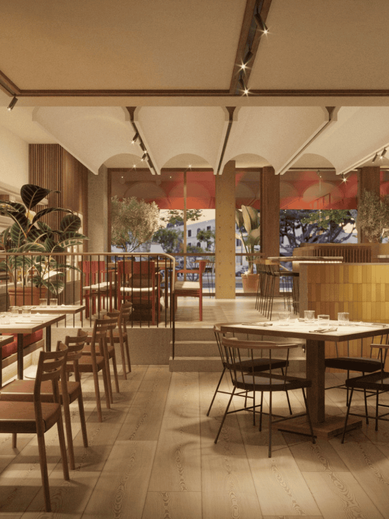 Modern restaurant interior with stylish seating and warm lighting for a welcoming dining experience.