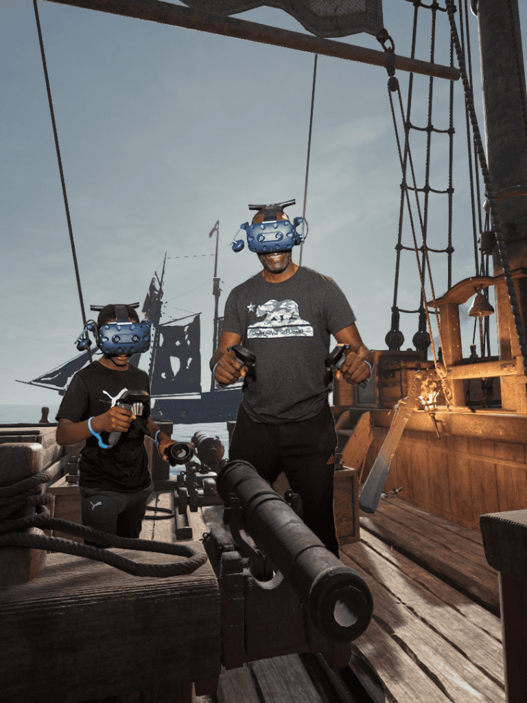 Virtual reality pirates adventure on a ship with kids enjoying immersive gaming experience.