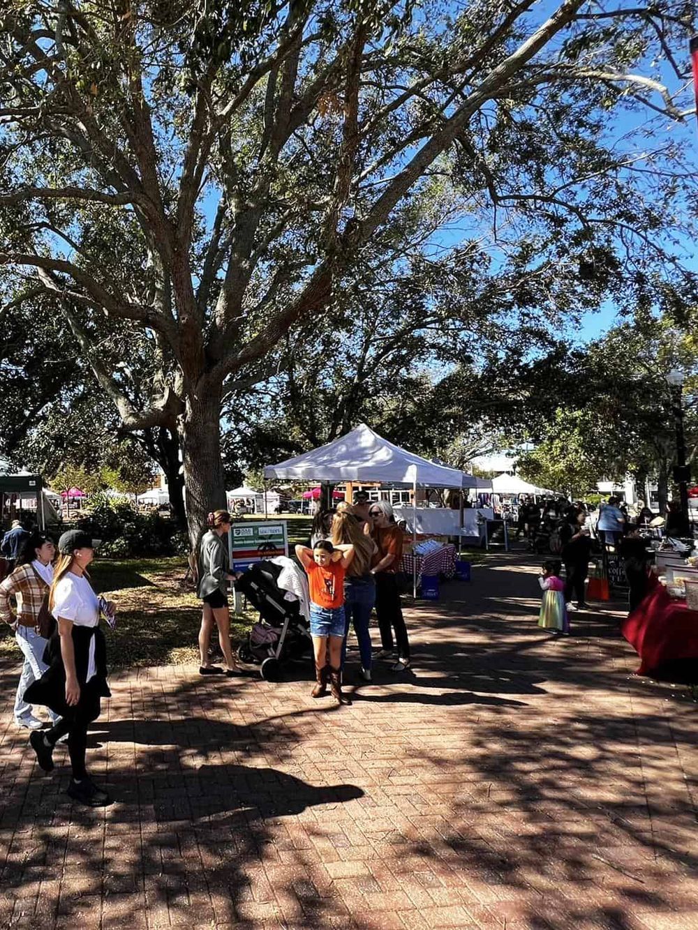 Colorful outdoor market under large tree with shoppers and vendor booths, vibrant and lively community event.