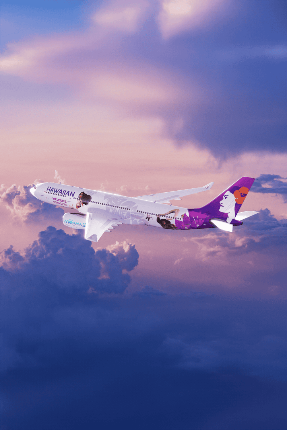 Hawaiian Airlines airplane flying through colorful sky at sunset.