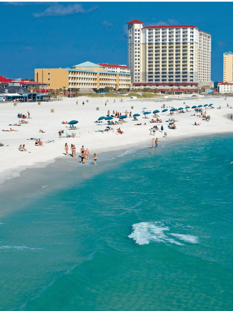 Sunny Florida beach with resorts and tourists enjoying the ocean view.