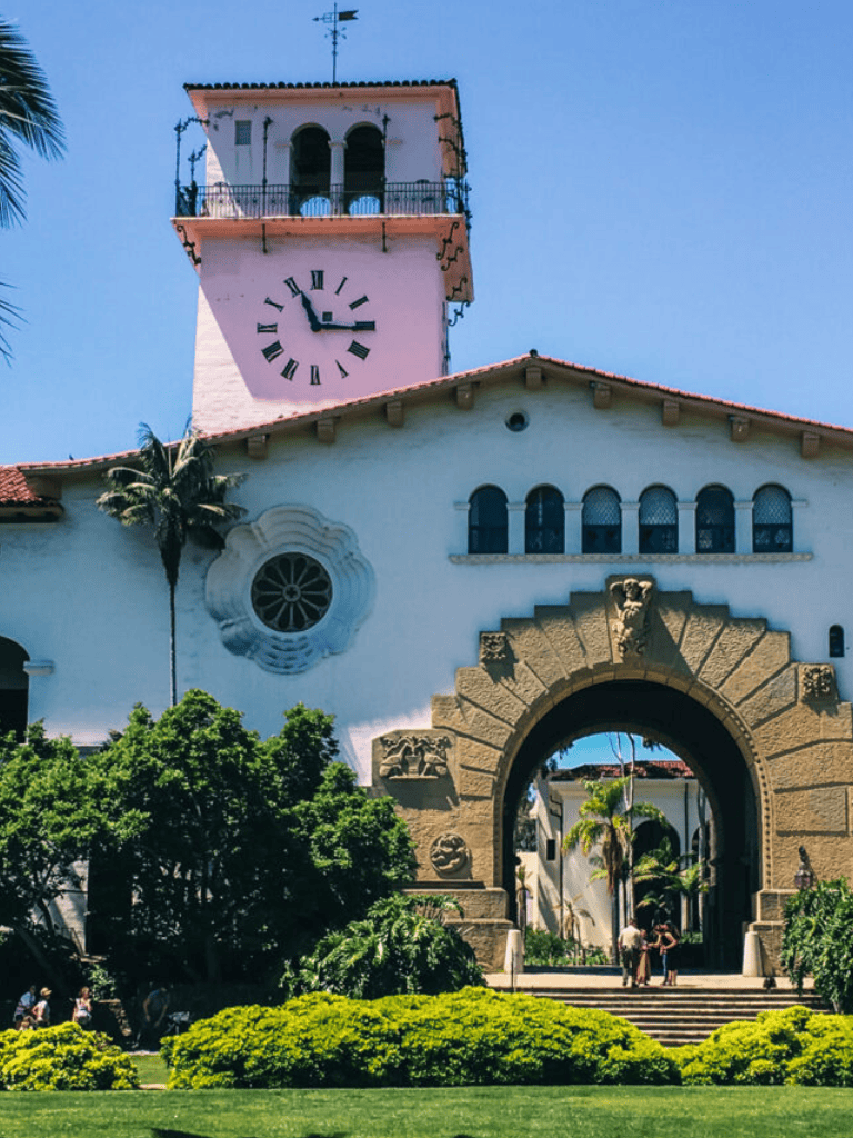 Historic Spanish Gothic-style clock tower at Quest for Directions location.