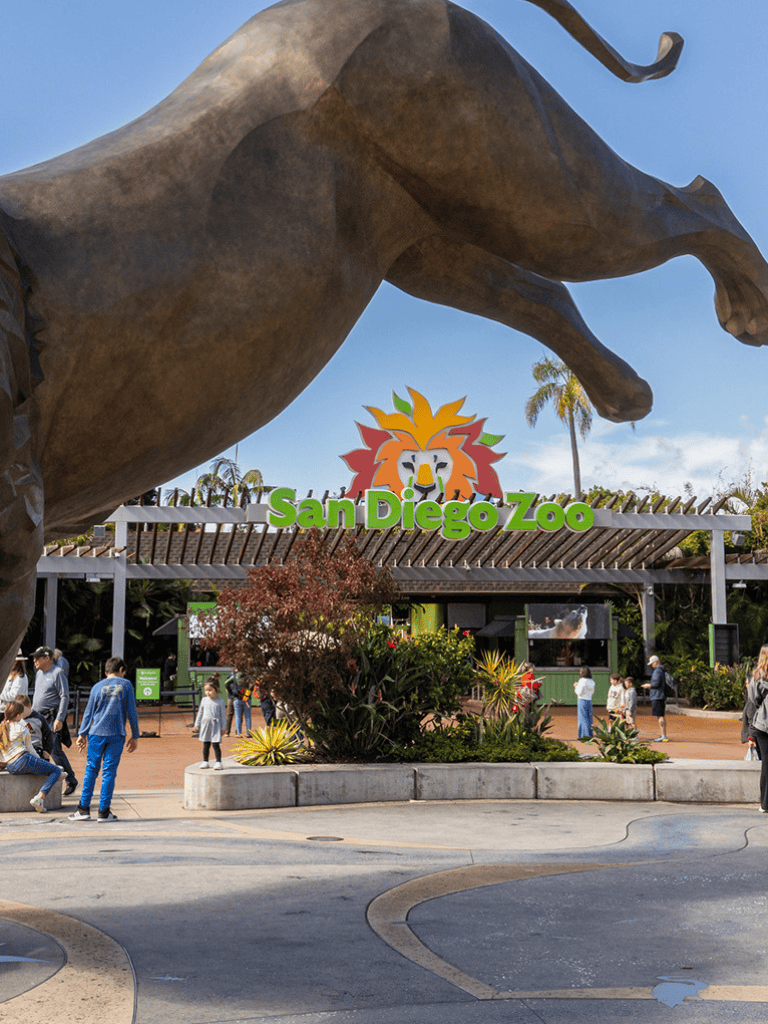 Colorful San Diego Zoo entrance with lion sculpture overhead and visitors enjoying outdoor scenery.