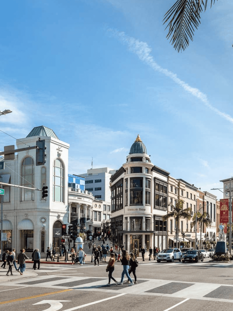 Downtown shopping district with retail stores and pedestrians on busy city street.
