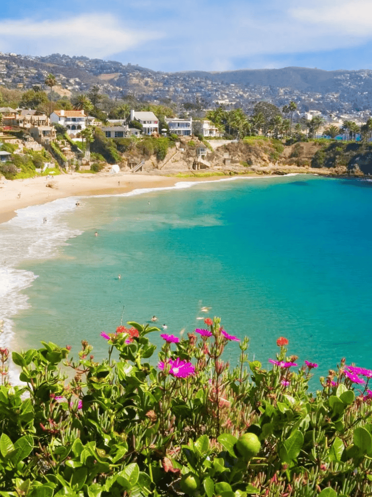 Vibrant beach view with colorful flowers, ocean waves, and residential homes along the coast.
