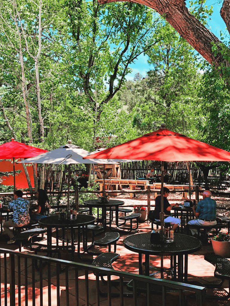 Outdoor dining at QuestForDirections with shaded tables, surrounded by lush green trees, perfect for a relaxing meal.