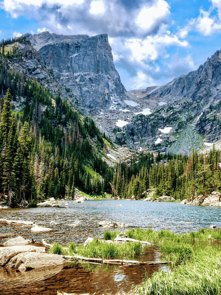 Serene mountain lake with lush green trees, rocky cliffs, and snow patches under a partly cloudy sky.