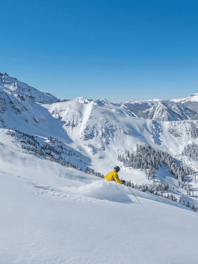 Serious skier navigating pristine powder snow in a scenic mountain landscape, ensuring safe travel and exploration.
