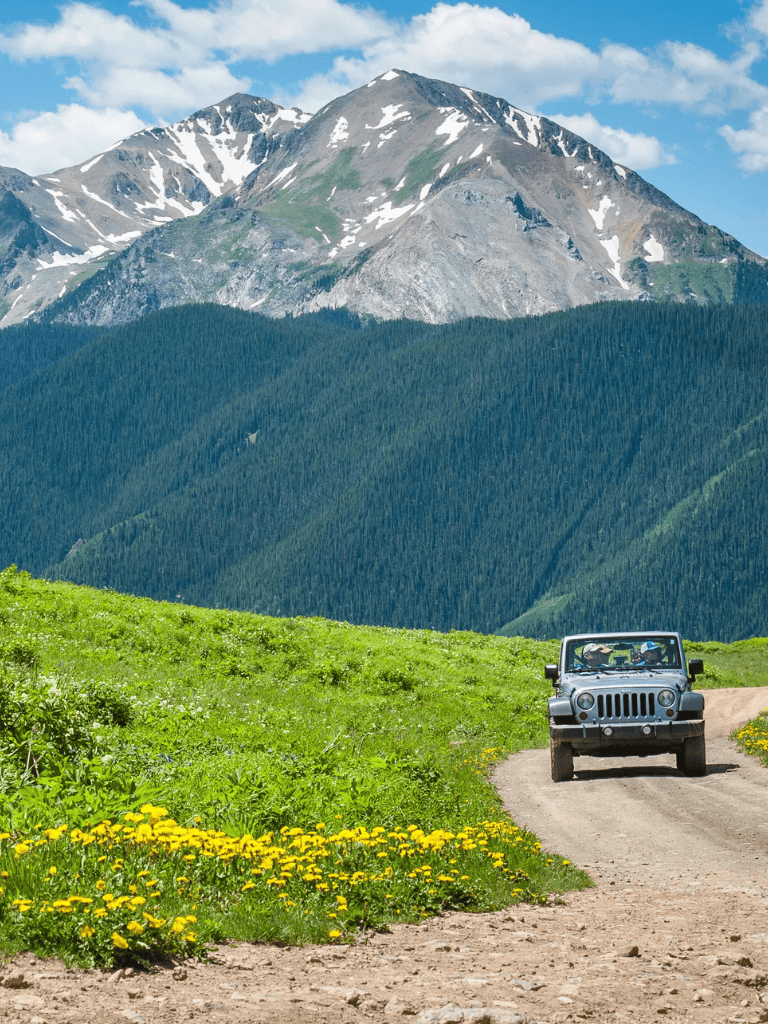 Jeep driving on mountain trail with lush green landscape and snow-capped peaks in background, scenic adventure travel.
