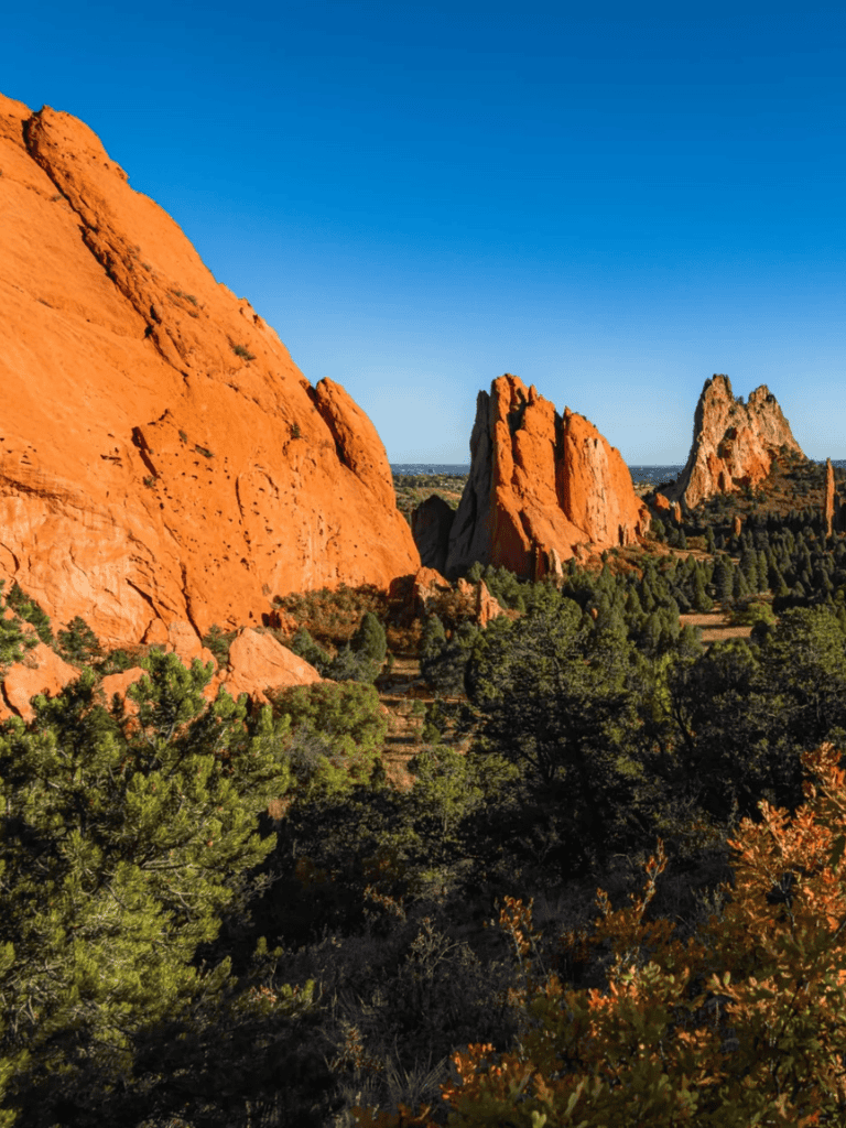 Vibrant red rock formations with lush green trees in a scenic desert landscape.