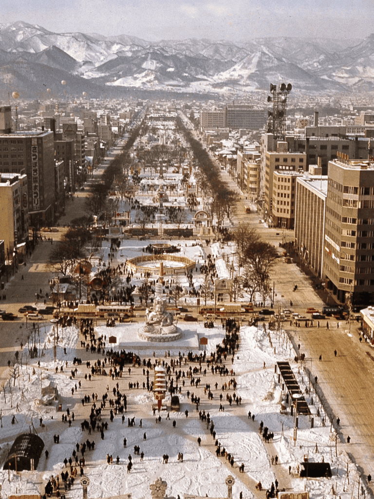 Snow-covered city street with park and mountains in the background, likely a popular tourist destination, winter season, urban landscape.