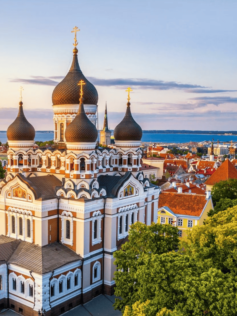Orthodox church with onion domes in Tallinn, Estonia, overlooking the Baltic Sea.