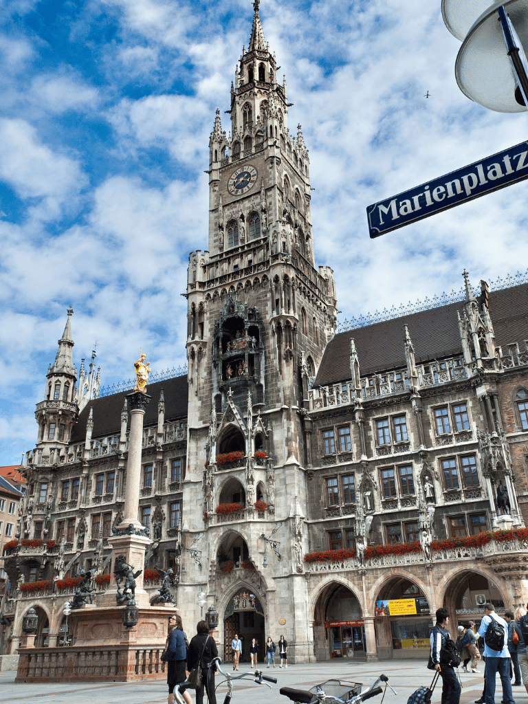 Intricate Gothic architecture of Munich's New Town Hall in Marienplatz, Bavaria, showcasing historical city landmark.
