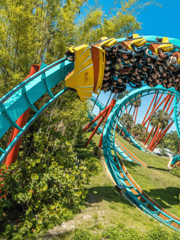 Thrilling roller coaster ride at an amusement park with lush greenery and bright blue sky in the background.