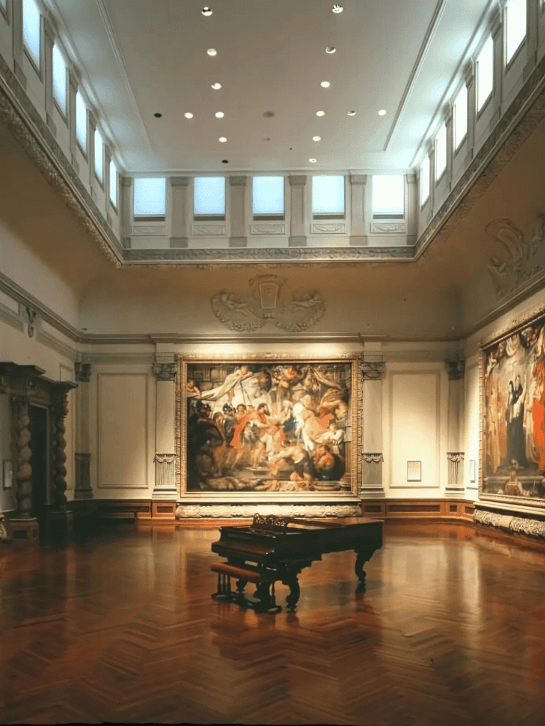 Grand art gallery interior with classical paintings and grand piano, elegant museum space, QuestForDirections destination.