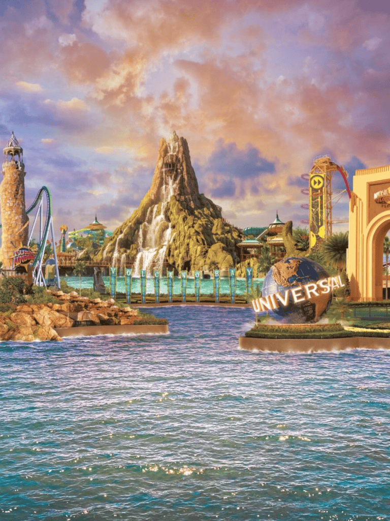 Water theme park with roller coasters and iconic Universal globe in the background.