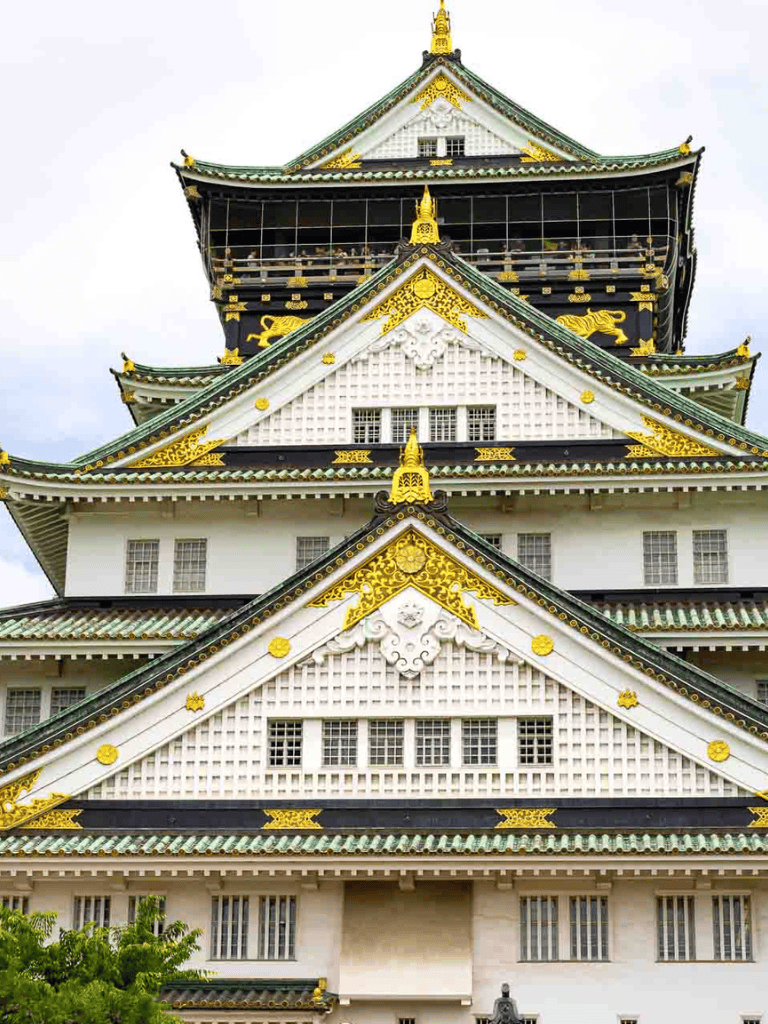 Intricate Japanese castle with traditional architecture and detailed decorations.