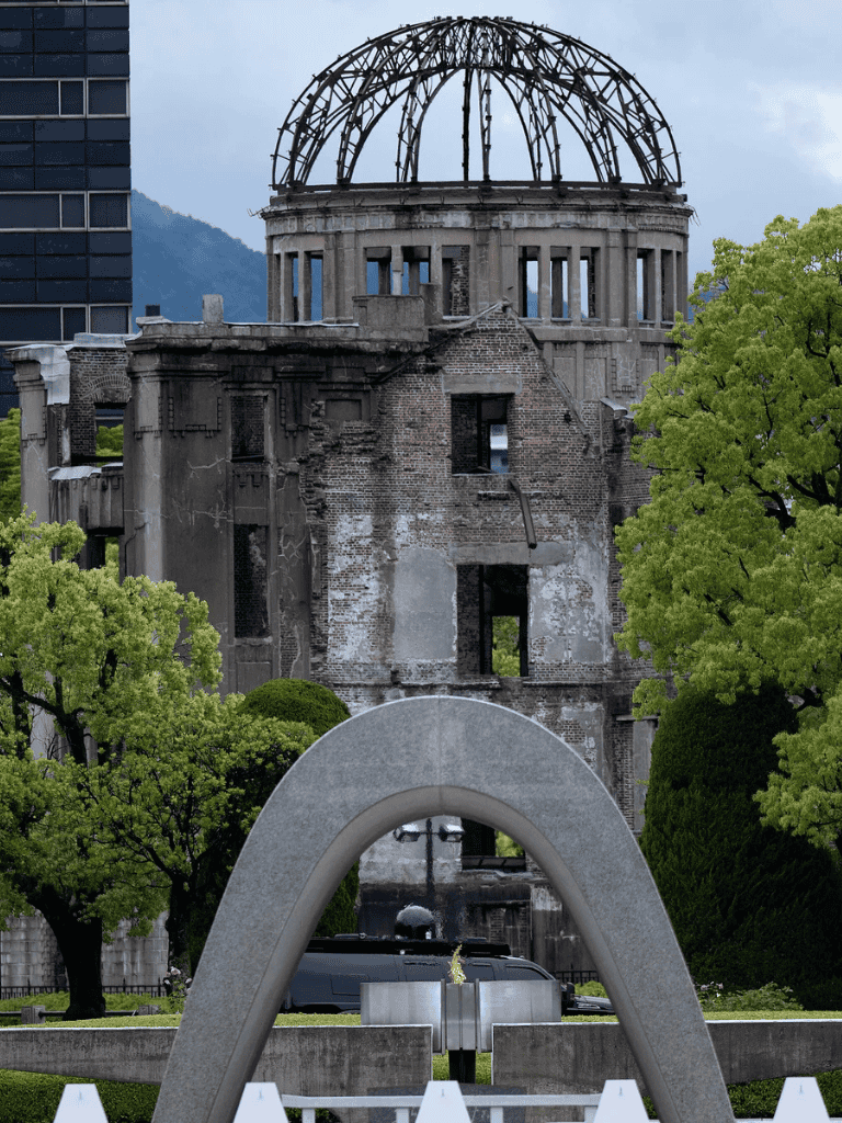 Ruins of the Hiroshima Peace Memorial, also known as the Atomic Bomb Dome, Nagasaki, Japan, historical landmark.