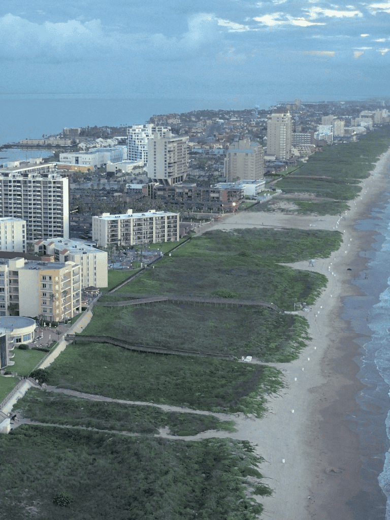 Panoramic view of a coastal city with beachfront buildings and lush green dunes, near water.