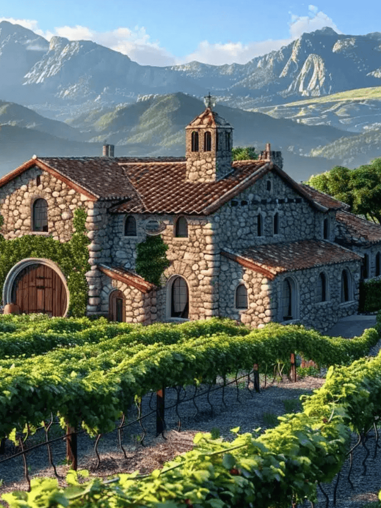 Cobblestone church surrounded by vineyards with mountain backdrop, scenic rural landscape in Tuscany, Italy.