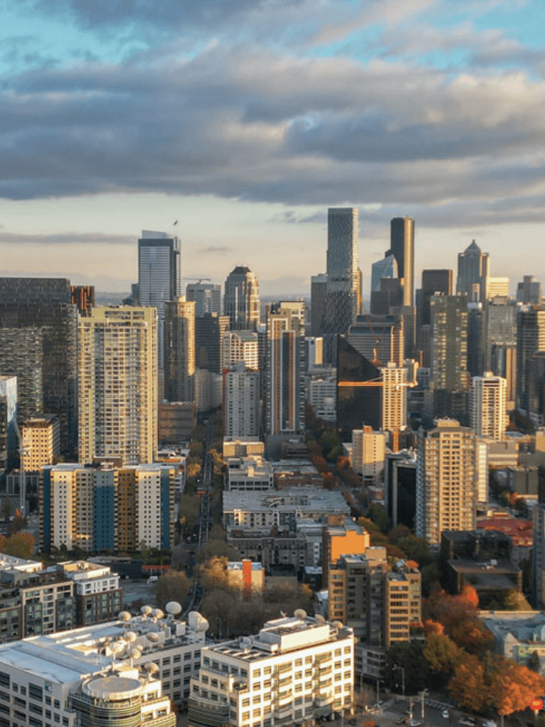 Modern Seattle skyline with skyscrapers and city streets, urban landscape, vibrant cityscape, downtown Seattle.