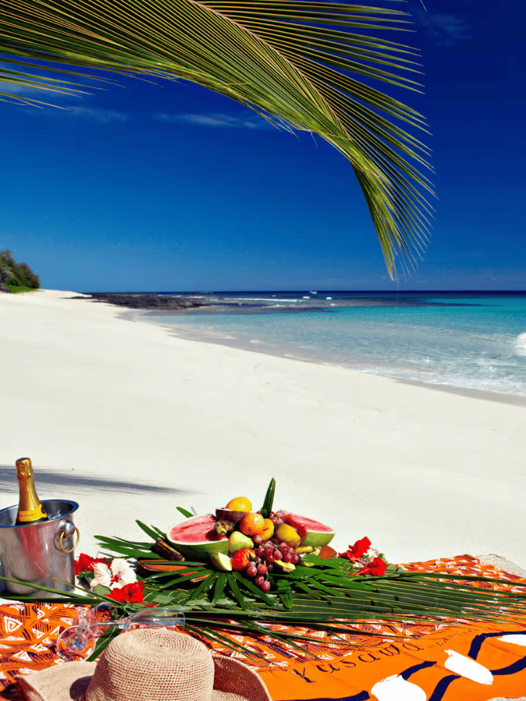 Tropical beach picnic with fruit, champagne, and palm leaves under blue sky and ocean view.