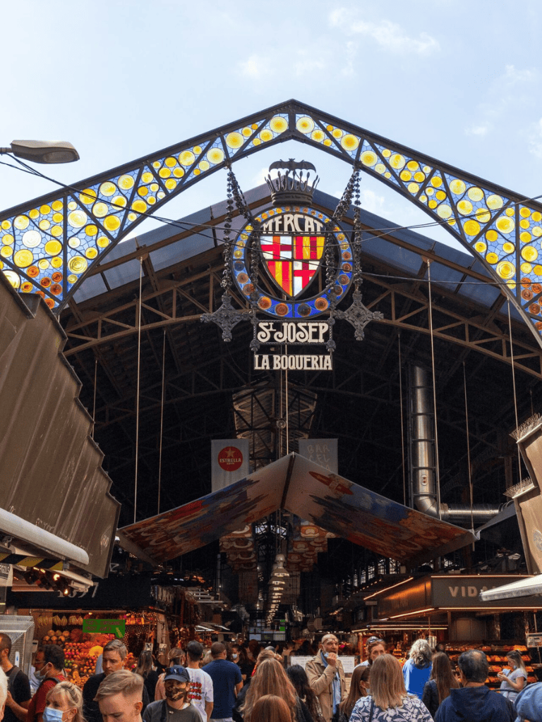 Barcelona Mercat de Sant Josep de la Boqueria popular food market bustling with visitors.