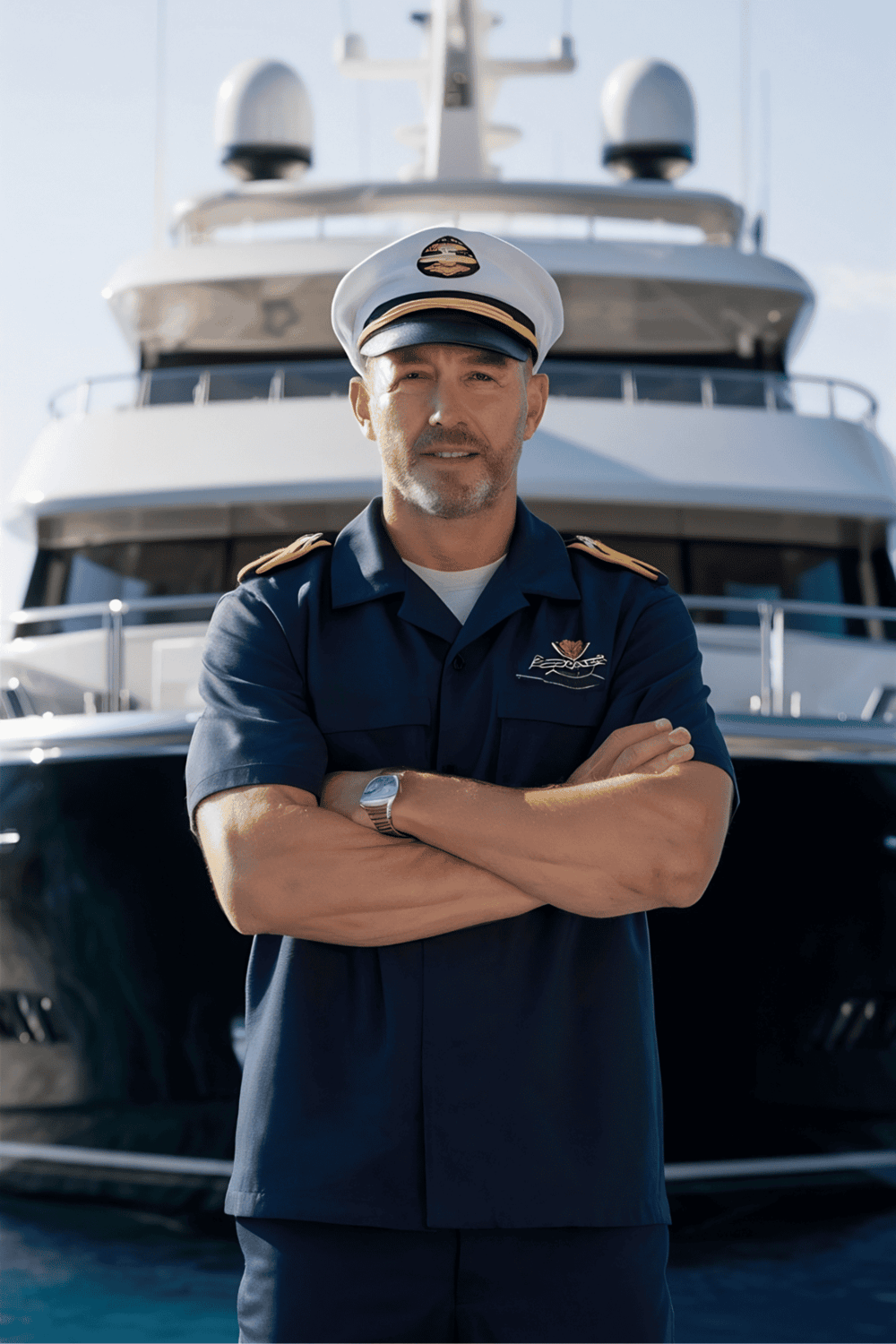 Captain in uniform on luxury yacht for maritime navigation and sailing adventures.
