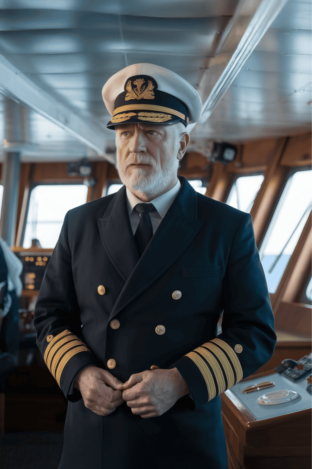 Captain in uniform on a ship's bridge ready for navigation.