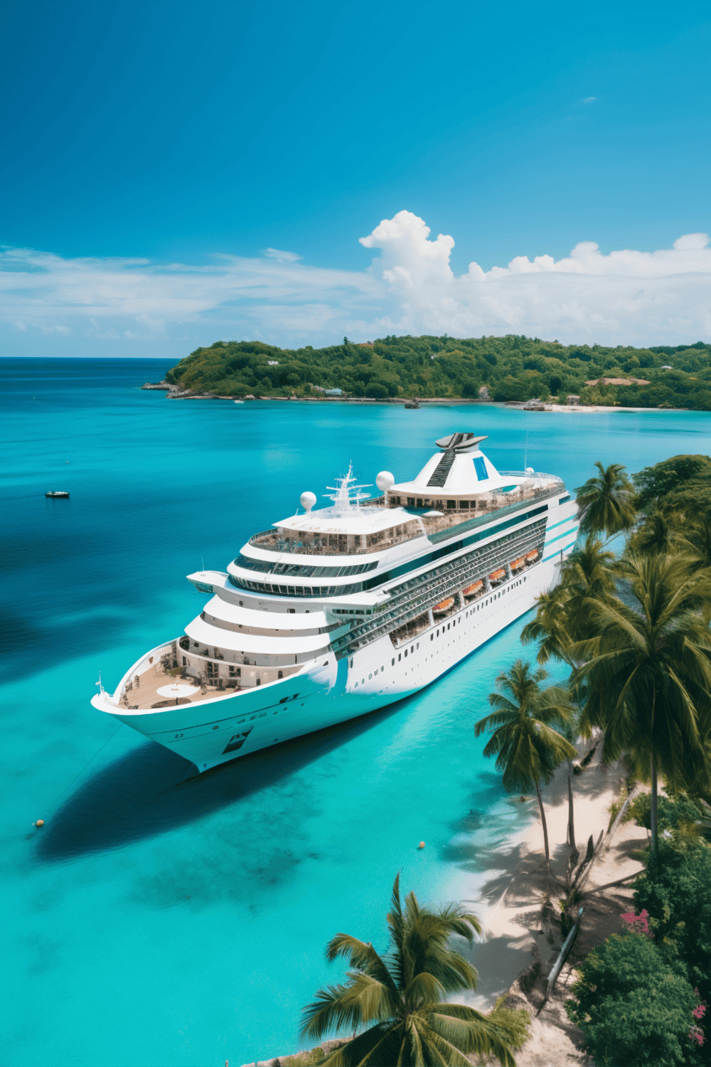 Luxury cruise ship anchored in tropical turquoise bay, scenic island backdrop for travel and vacation.