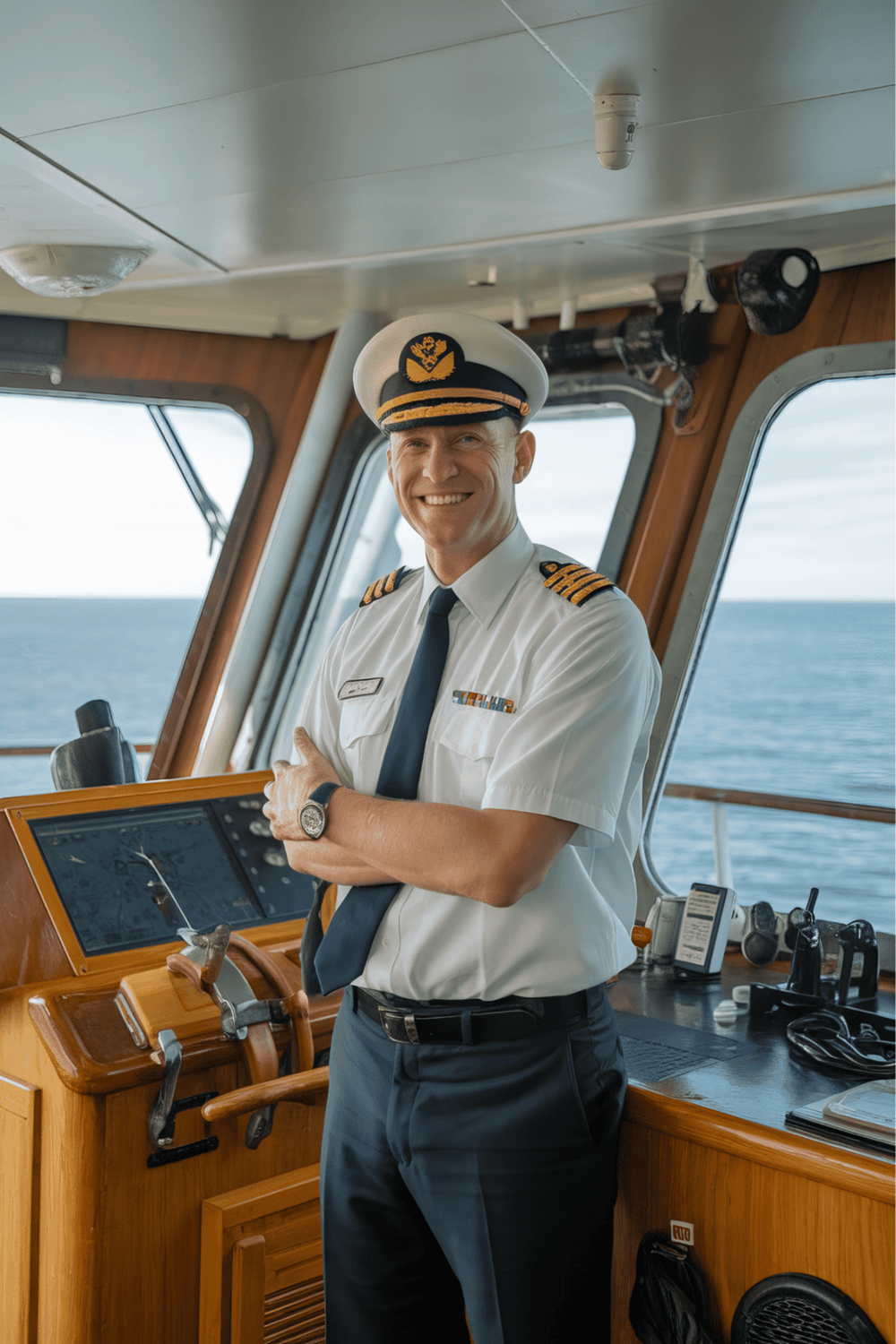 Marine captain smiling on the ship bridge with ocean view, navigating with navigation equipment.