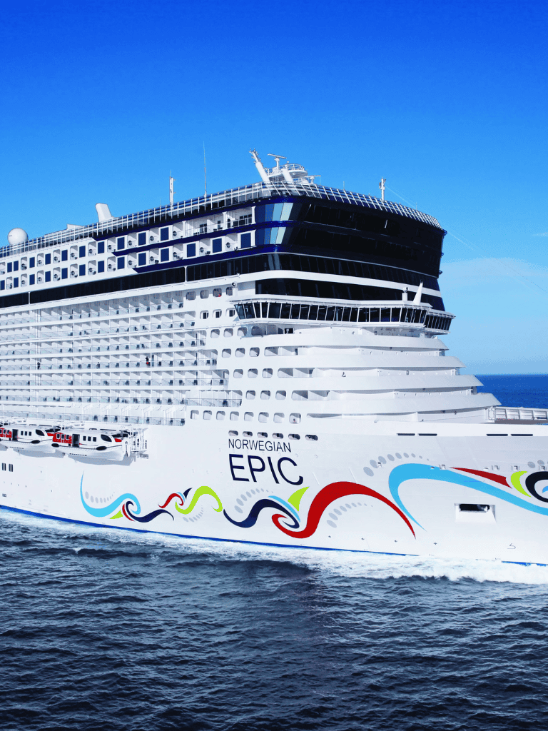 Luxurious cruise ship Norwegian Epic sailing on the ocean for travel and vacation adventures.