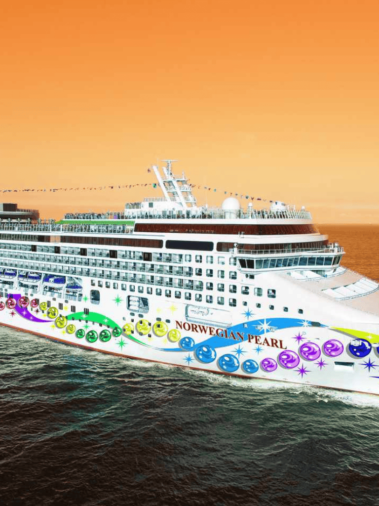 Colorful cruise ship Norwegian Pearl at sunset, perfect for luxury vacation and seaside adventures.