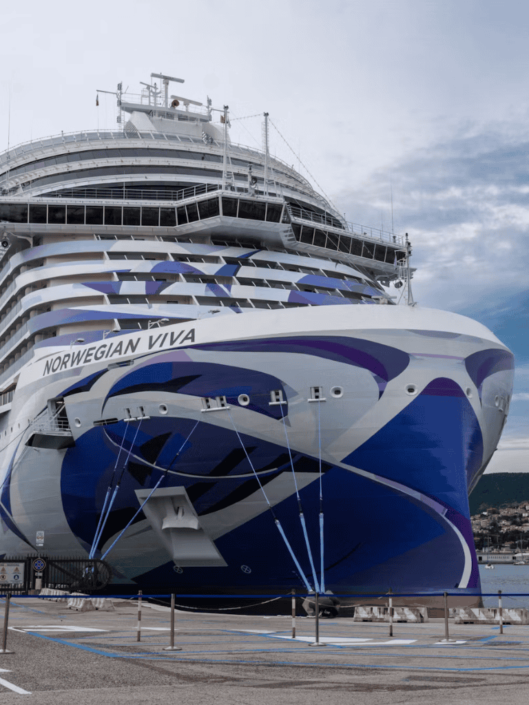 Cruise ship Norwegian Viva docked at port with cloudy sky background.
