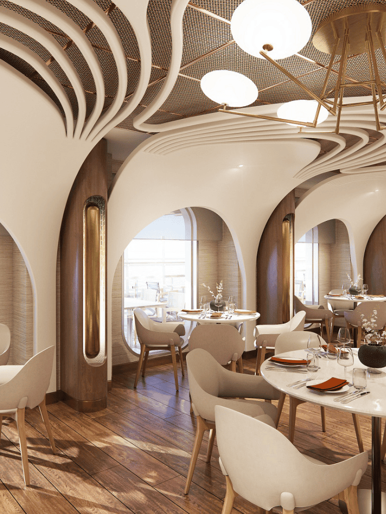 Modern restaurant interior with stylish white walls, wooden accents, and elegant lighting, perfect for fine dining experiences.