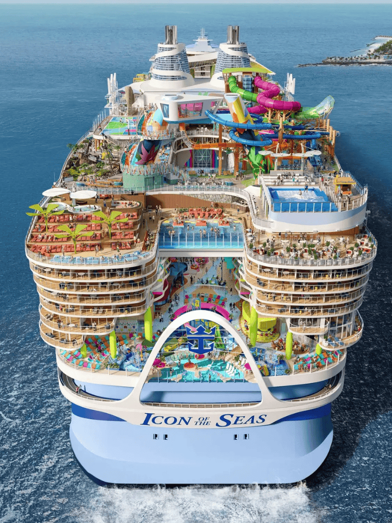 Luxury cruise ship with water slides and outdoor pools, offering premium vacation experiences.