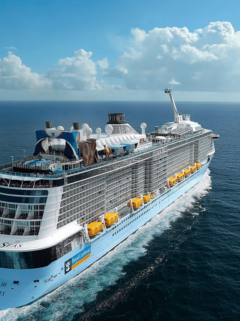 Luxurious Royal Caribbean cruise ship sailing ocean waters with clear blue sky.