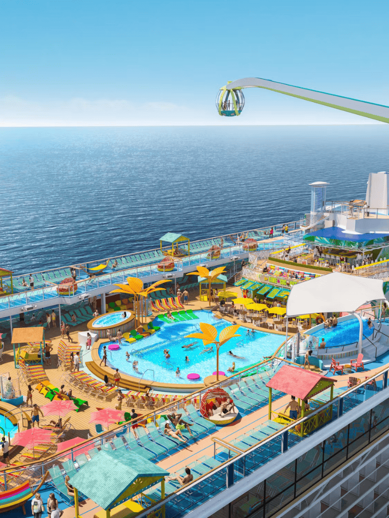 Vibrant cruise ship pool deck with water slides, lounging areas, and ocean view, perfect for family vacations.