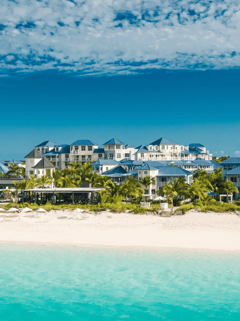 Luxury beachfront resort with blue-roofed villas and tropical landscaping.