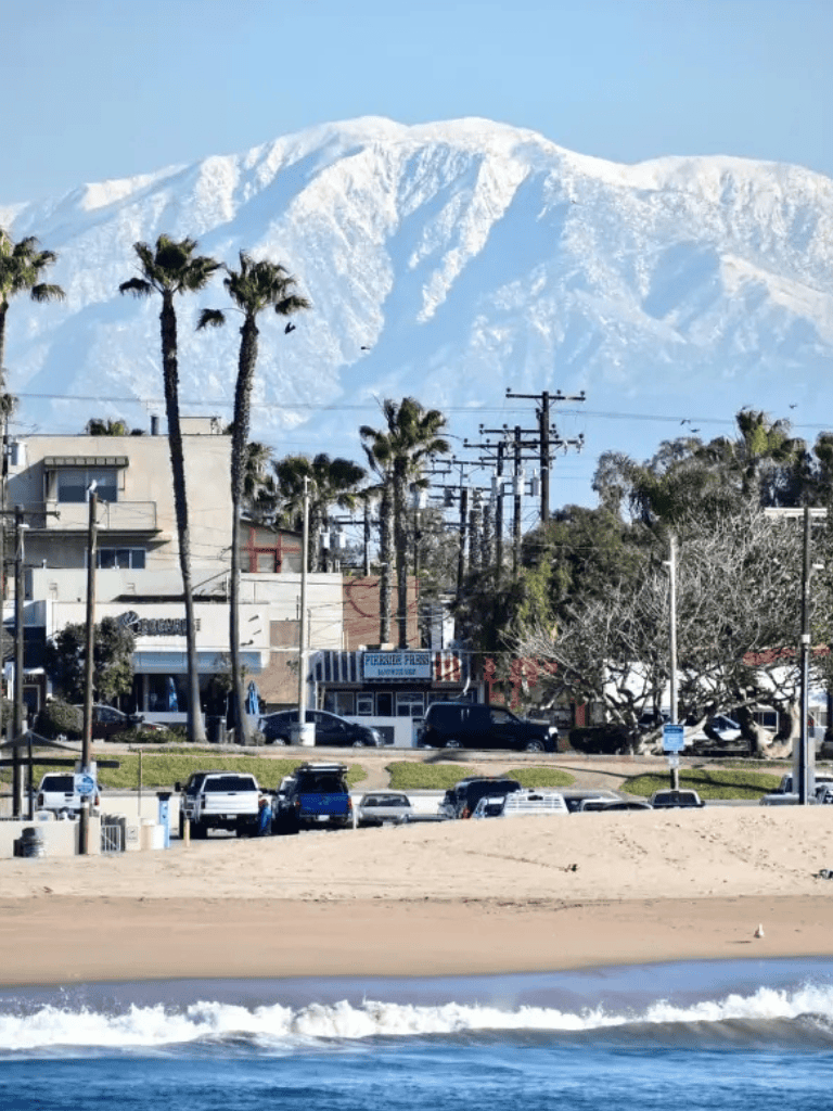 Snow-capped mountains view with beach and palm trees in California, coastal city scenery.