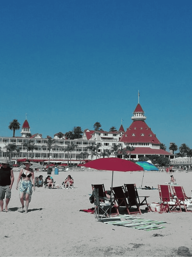 Beach at the historic Hotel del Coronado with scenic ocean views and resort-style amenities.