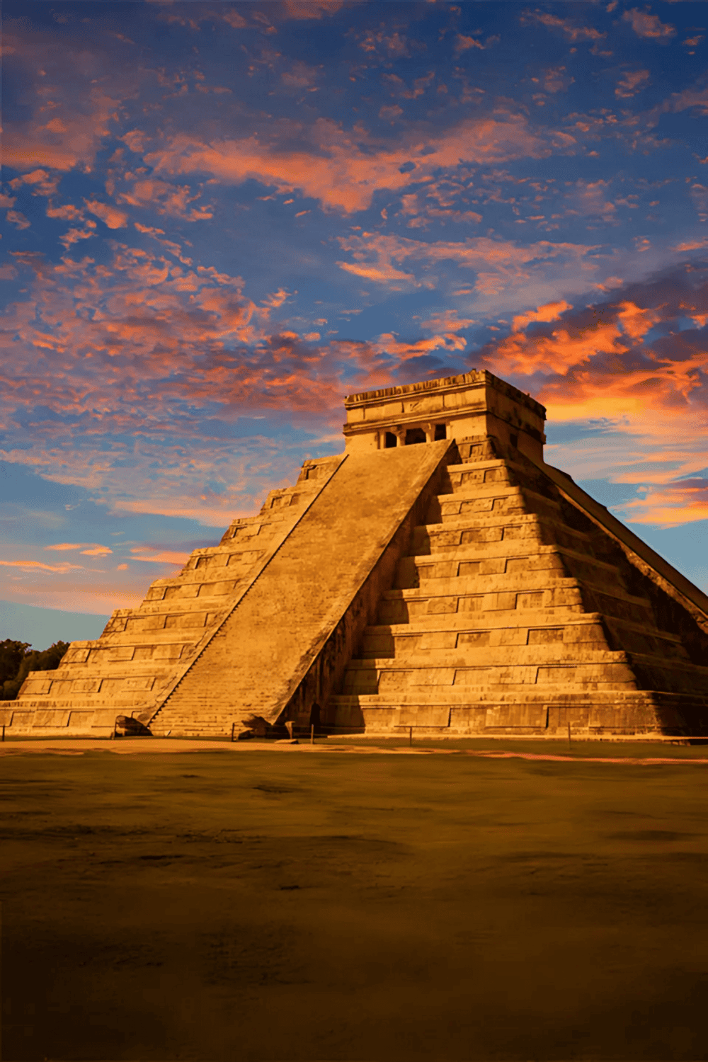 Ancient Mayan pyramid at sunset, Mexico, in lush jungle setting, popular for travel and history exploration.