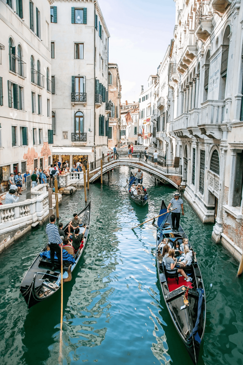 Gondolas sailing through Venice canal with historic architecture and tourists enjoying the scenic ride.