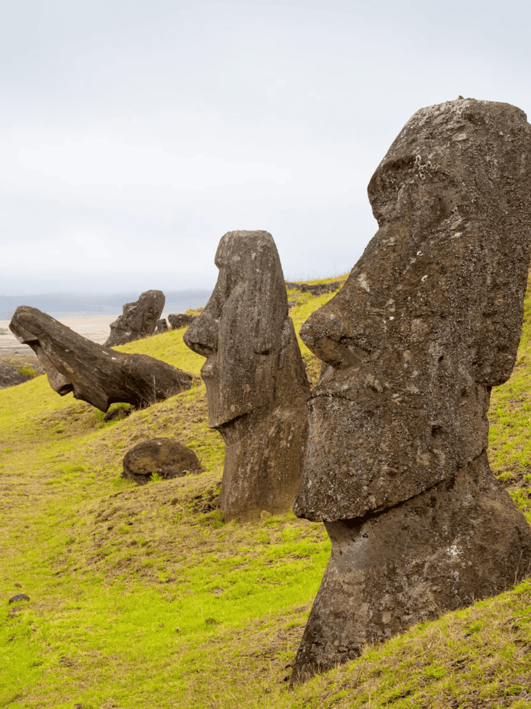 Ancient Moai statues on Easter Island, iconic symbols of Polynesian culture and archaeological heritage.