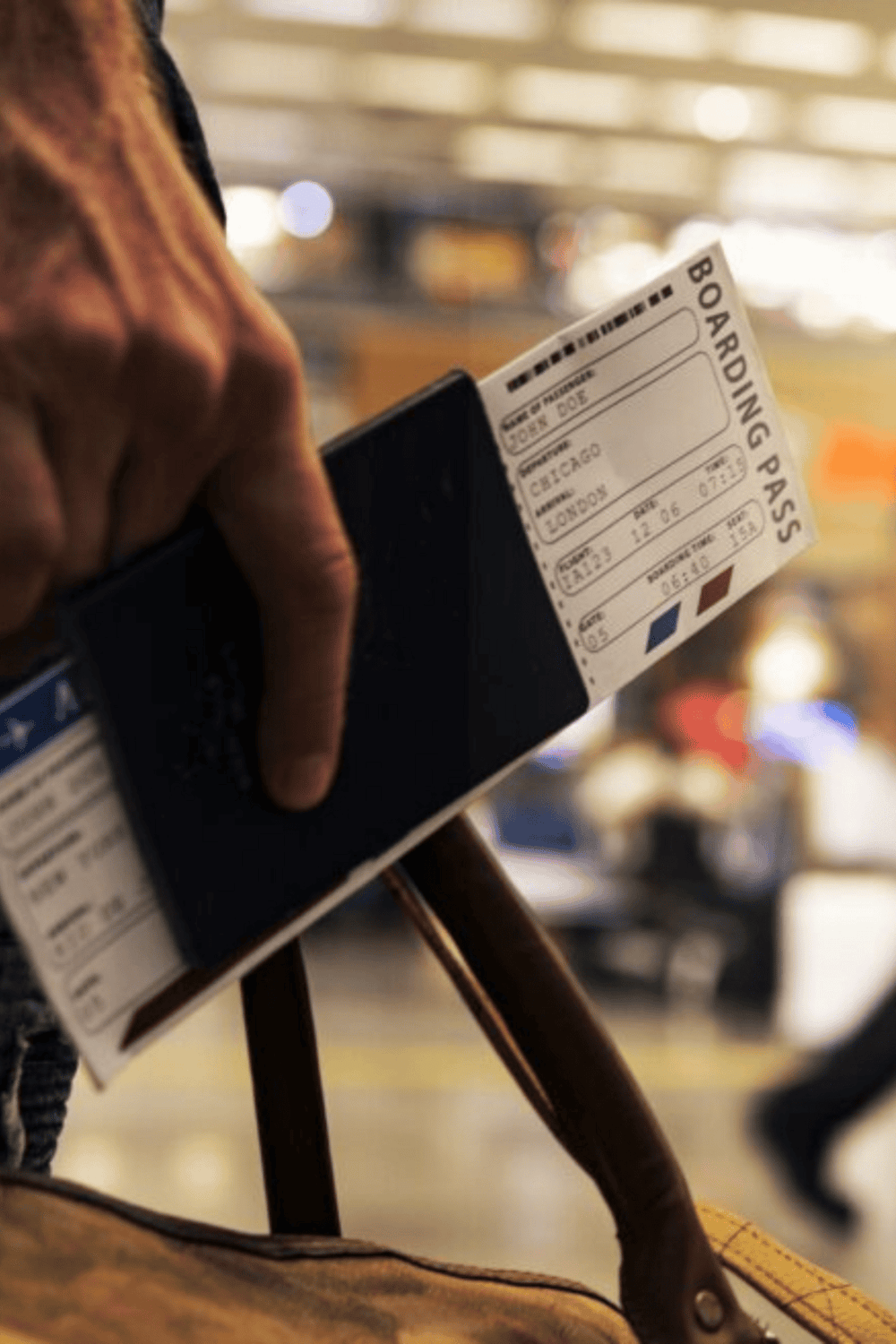Boarding pass for a flight from Chicago to London at an airport.