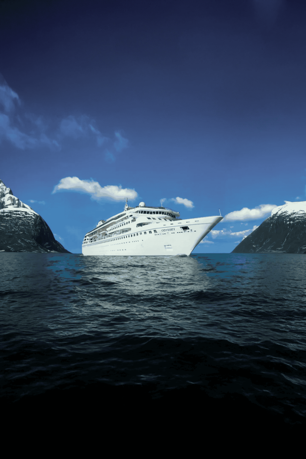 Luxury cruise ship sailing through fjords with snow-capped mountains.